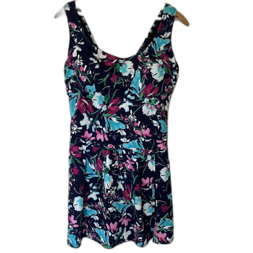 NWT Swimsuits For All Multi-Color Floral Blue Swimdress Molded Cup Boy Short 22
